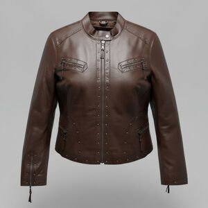 Pam McCoy Chocolate Brown Moto Style Studded Leather Jacket